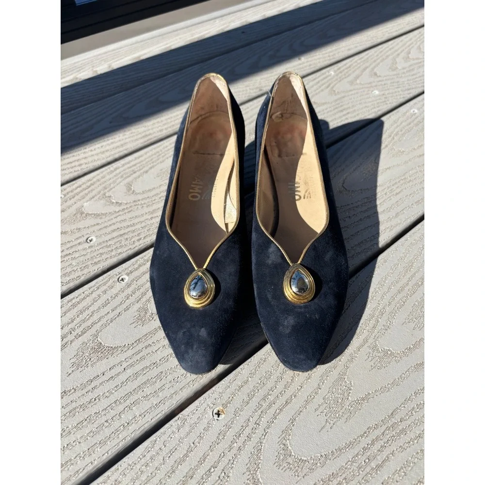 Salvatore Ferragamo Navy Suede Low Heel Pumps with Gold Accent